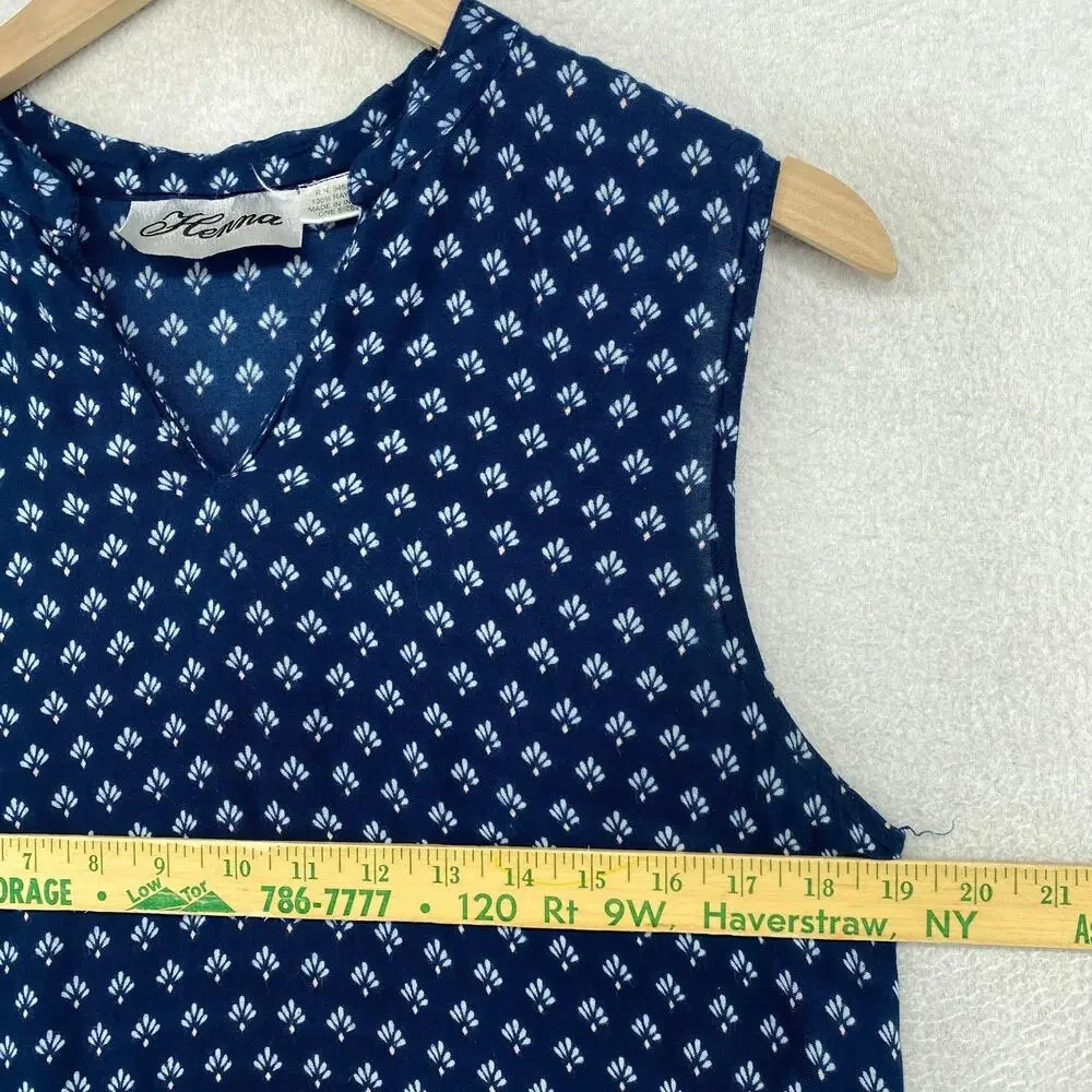 HENNA Dress One Size Floral Geometric V-Neck Boho Sleeveless Midi Boho Blue - Picture 8 of 10